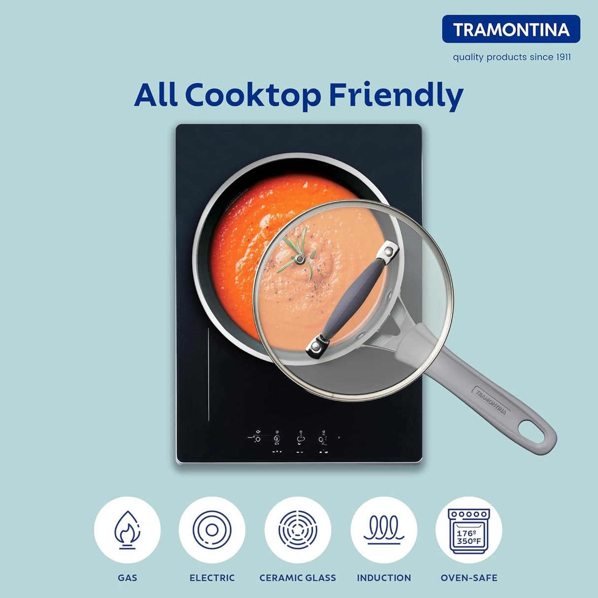 Sea Velo Forged Saucepan, 16 cm by Tramontina India, showcasing the stainless steel saucepan with a handle and lid.