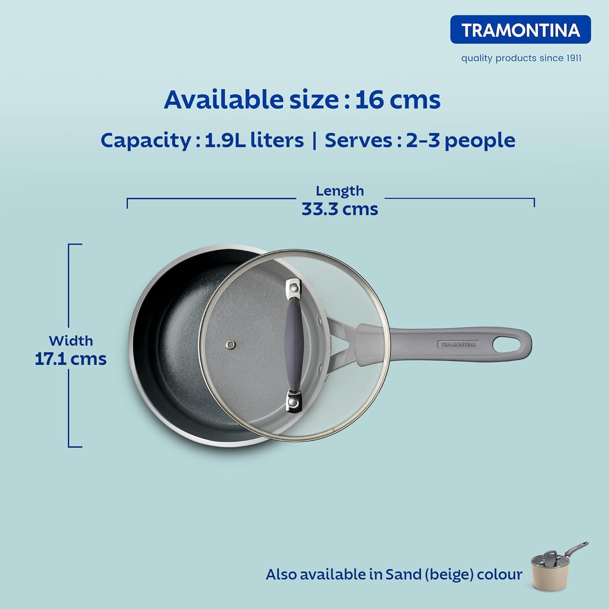 16 cm Tramontina India Velo Forged sauce pan in sea color with a black handle, shown from a top angle.