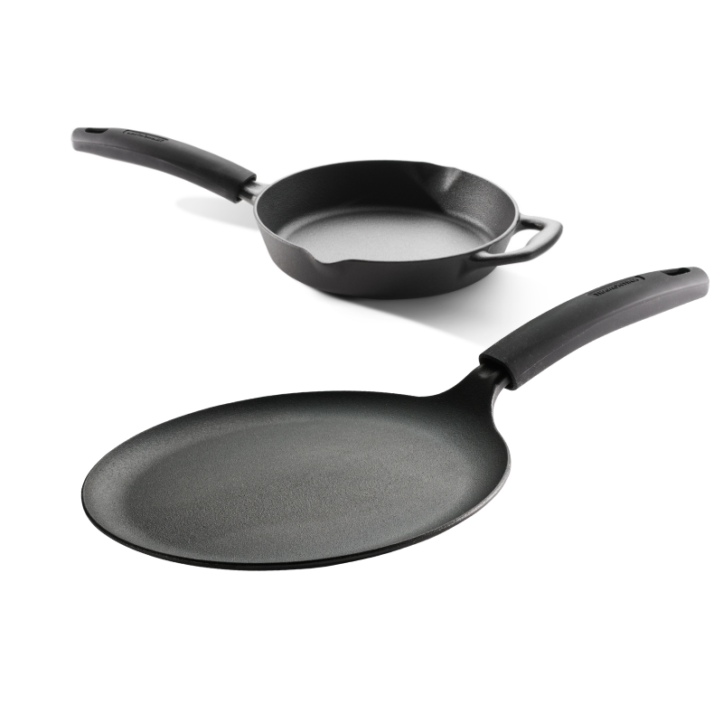 Titanex Pre-Seasoned Cast Iron Combo Set - 20cm Fry Pan + 24cm Dosa Tawa (With Silicone Grip)