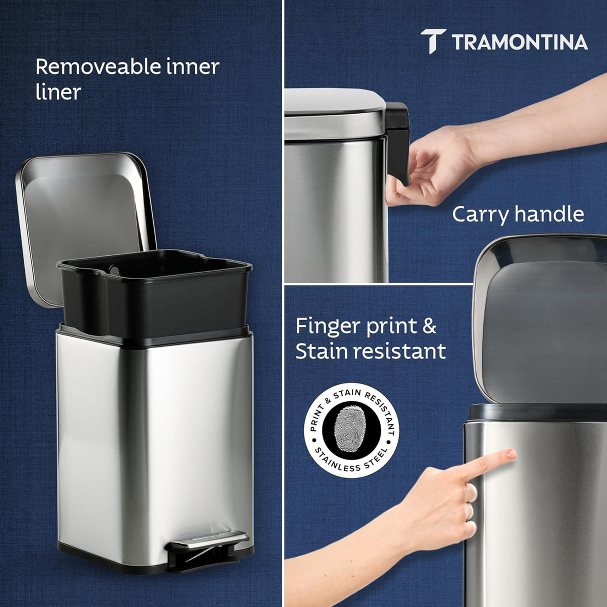 Trash Bin 12 Litre Stainless Steel Pedal Square