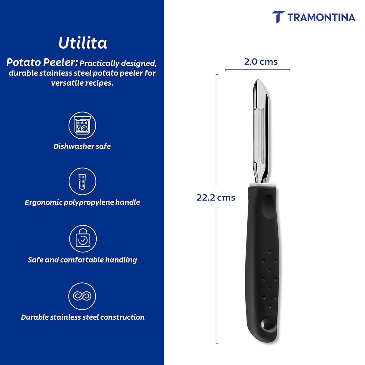 Stainless steel potato peeler from Tramontina India with ergonomic handle and sharp blade for efficient peeling.