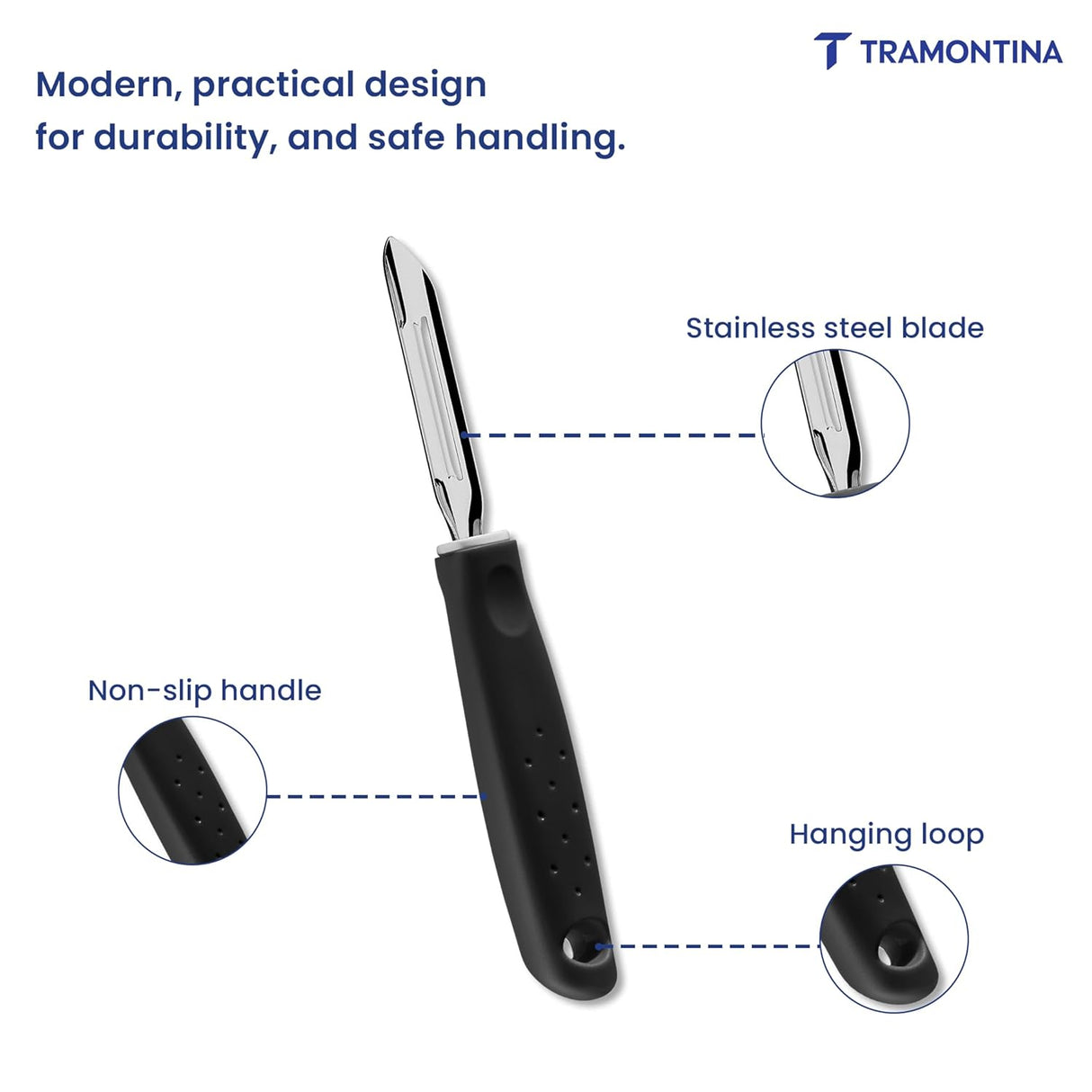 Utilitá stainless steel potato peeler by Tramontina India with a sharp blade and ergonomic handle for efficient peeling.