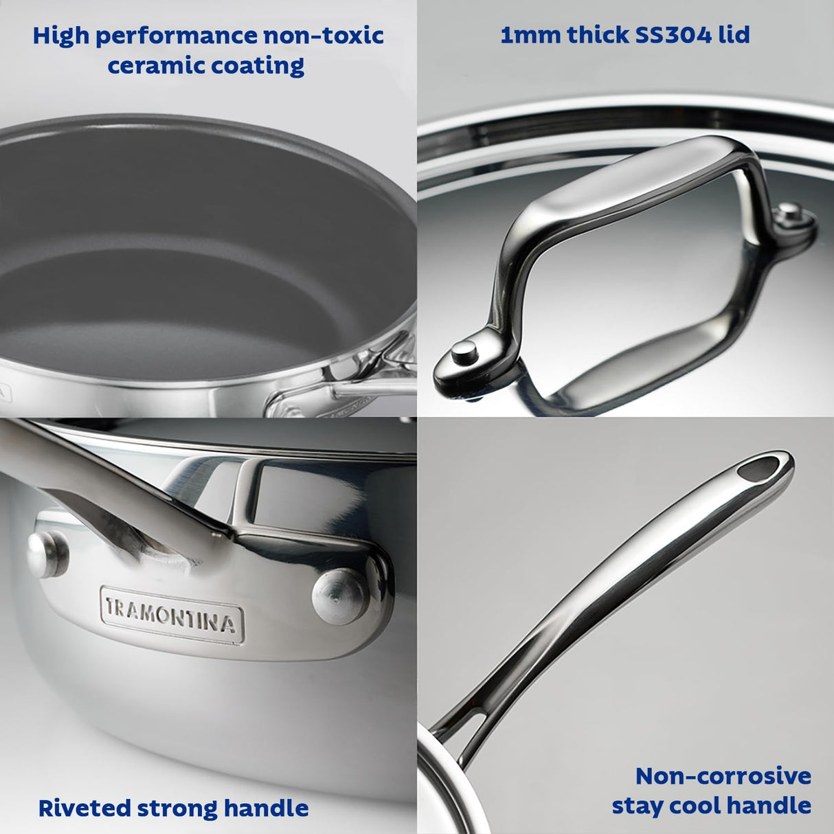 Tramontina India Fusao EX+ 26cm triply ceramic wok with stainless steel lid, featuring a non-stick cooking surface and ergonomic handle.