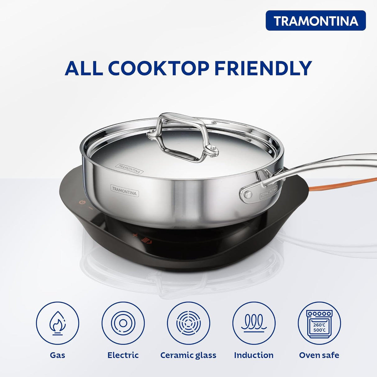 Tramontina India Fusao EX+ 24cm triply ceramic deep sauté pan with stainless steel lid, ideal for versatile cooking.