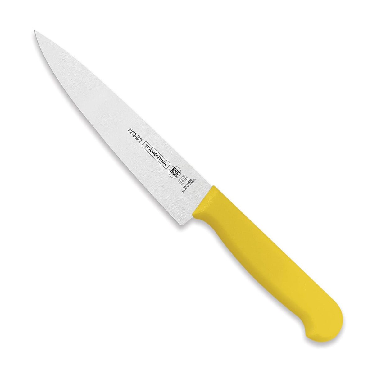 Yellow Tramontina India 25cm chef knife with a sharp blade, ideal for professional meat and culinary preparation.