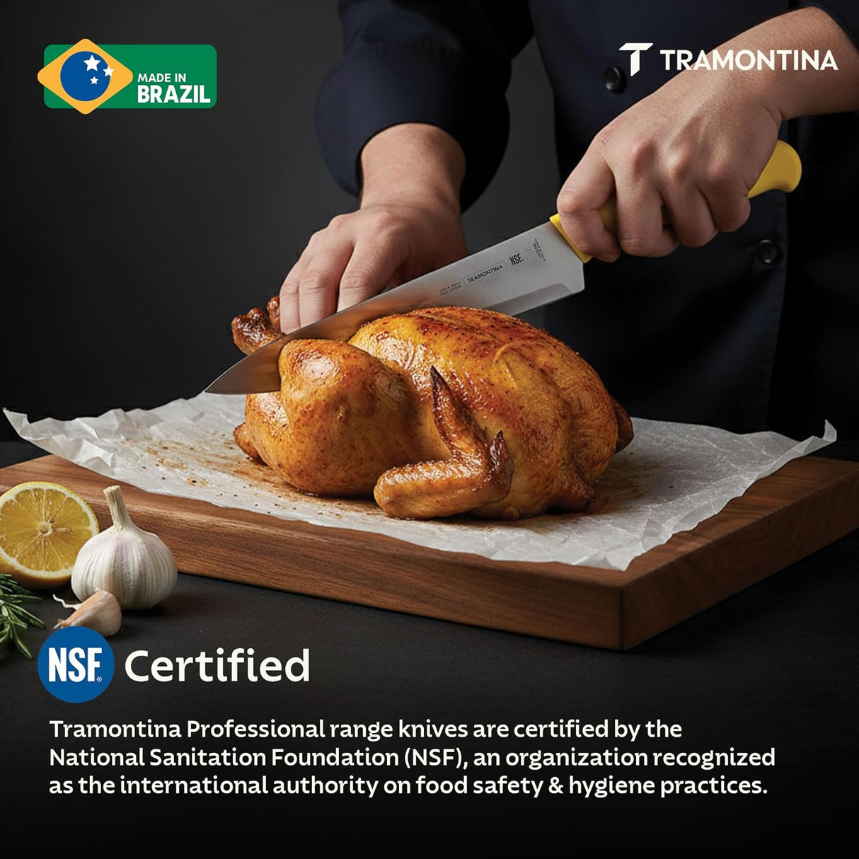 Yellow Tramontina India 25cm professional chef knife with sharp blade and ergonomic handle for precise meat cutting.