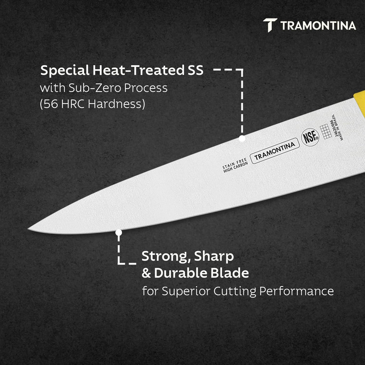 Yellow Tramontina India 10-inch professional chef knife with a sleek blade and ergonomic handle for precise meat cutting.