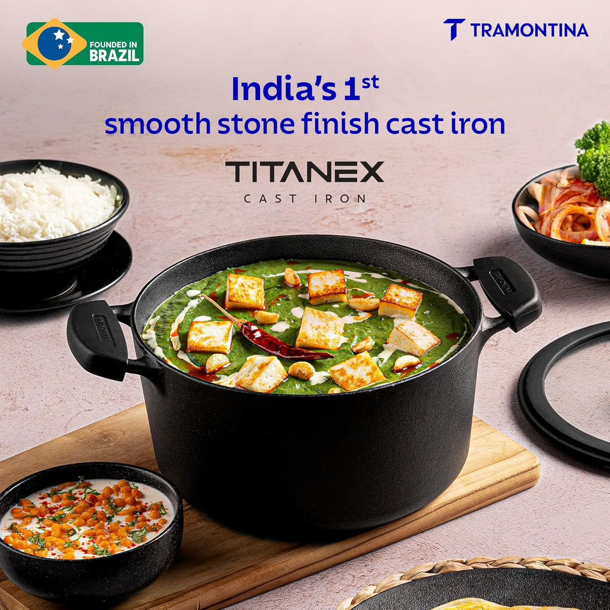 20cm Tramontina India pre-seasoned cast iron casserole with heat-resistant silicone grip and 3.1L capacity.