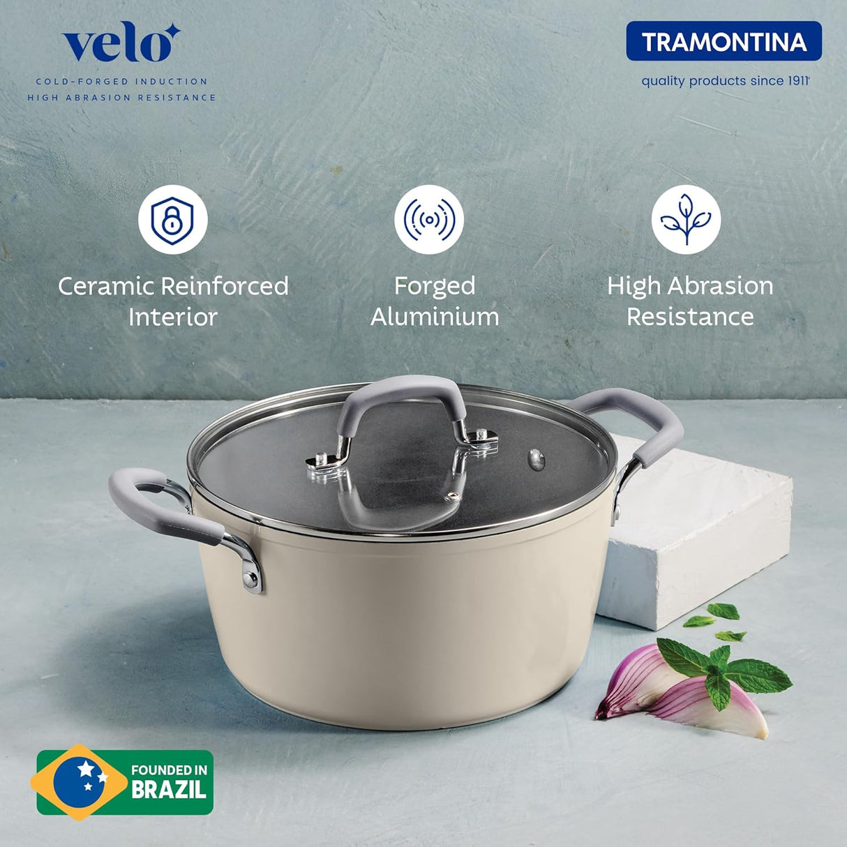 Velo Forged Casserole 24 cm in sand color by Tramontina India, showing a sturdy cookware with a smooth finish and ergonomic handles.