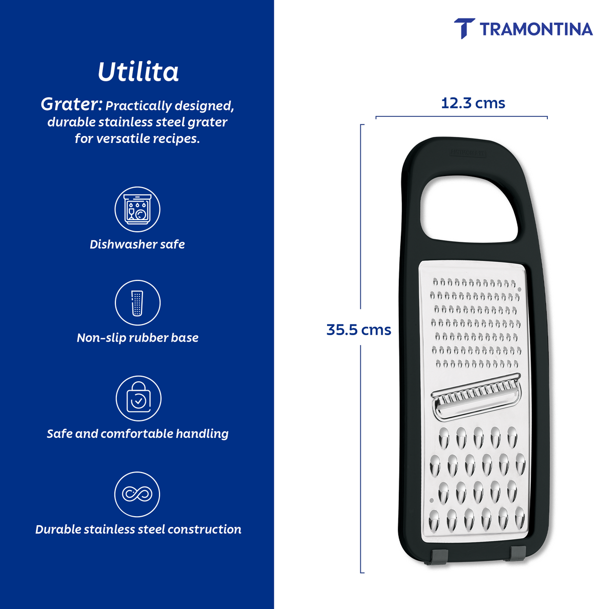 Black stainless steel Tramontina India grater with polypropylene handle and non-slip rubber base, ideal for food preparation.