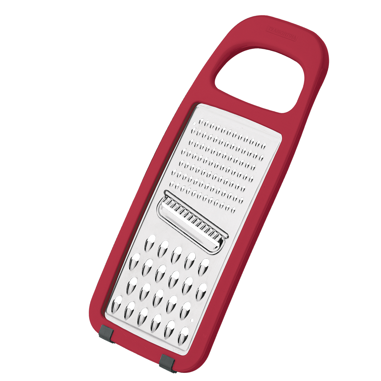 Red Tramontina India stainless steel and ABS grater with a rubberized base, ideal for effortless shredding and grating.