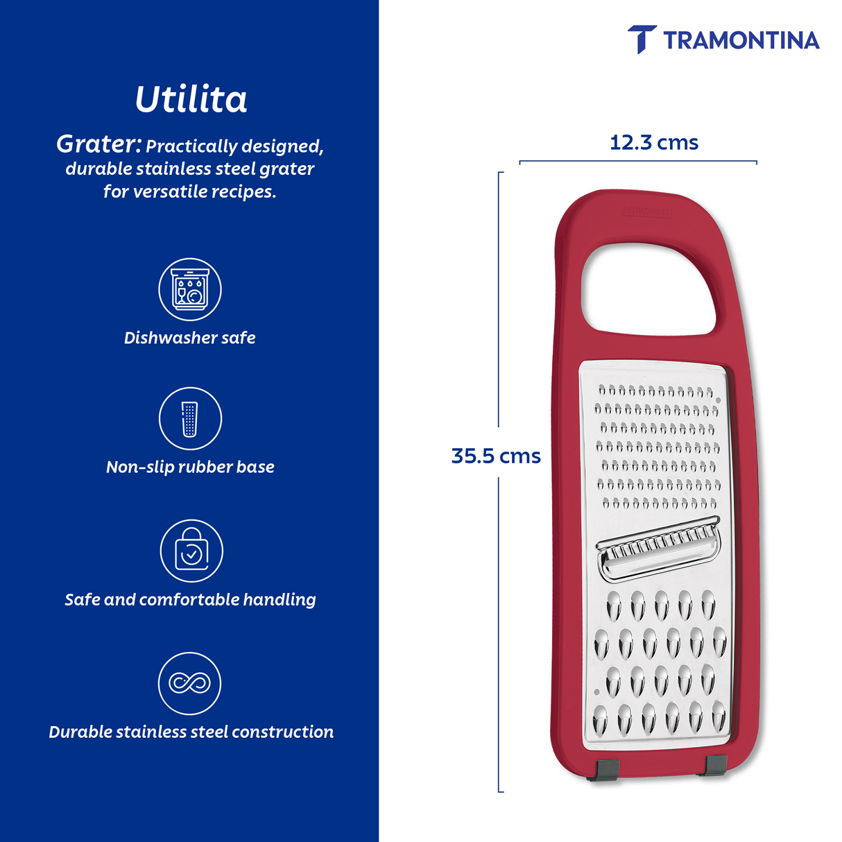 Utilitá Stainless Steel and ABS Grater with Rubberized Base, Red
