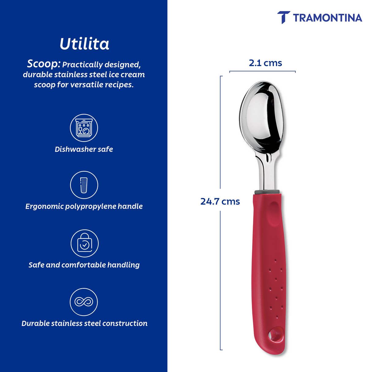 Utilitá ice cream scoop with stainless steel blade and red polypropylene handle