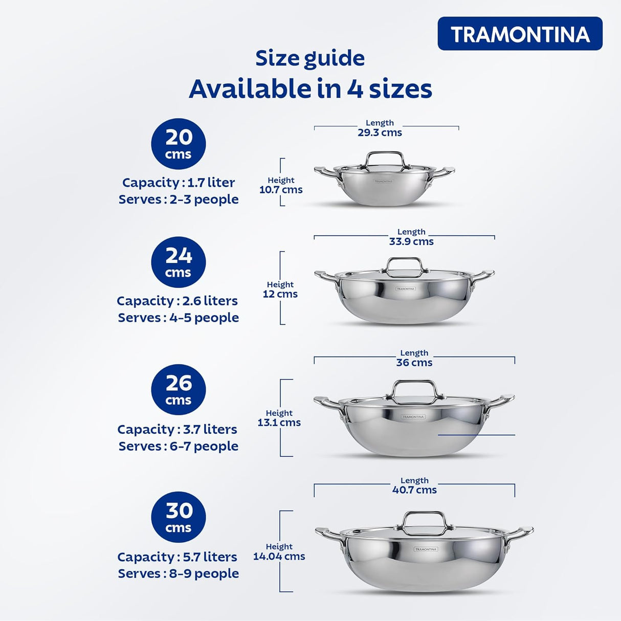 Tramontina India Fusao EX+ 30cm ceramic stainless steel tri-ply Kadai with lid, 5.7L capacity, shown with stainless steel lid.