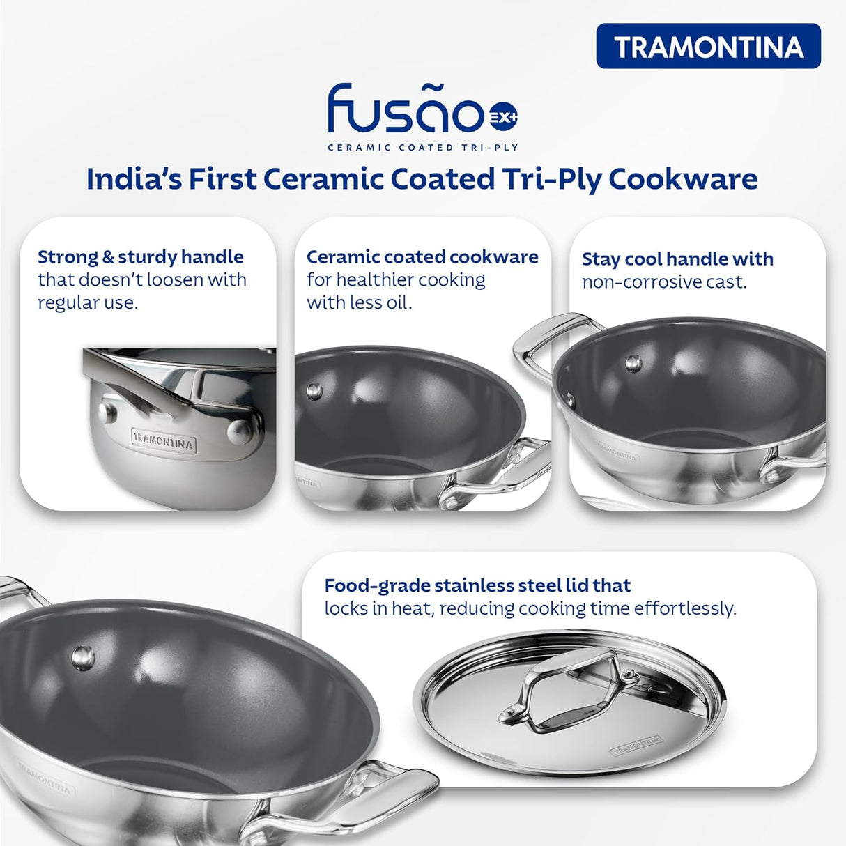 Tramontina India Fusao EX+ 24cm ceramic stainless steel Kadai with lid, 2.6L capacity, ideal for cooking and stir-frying.