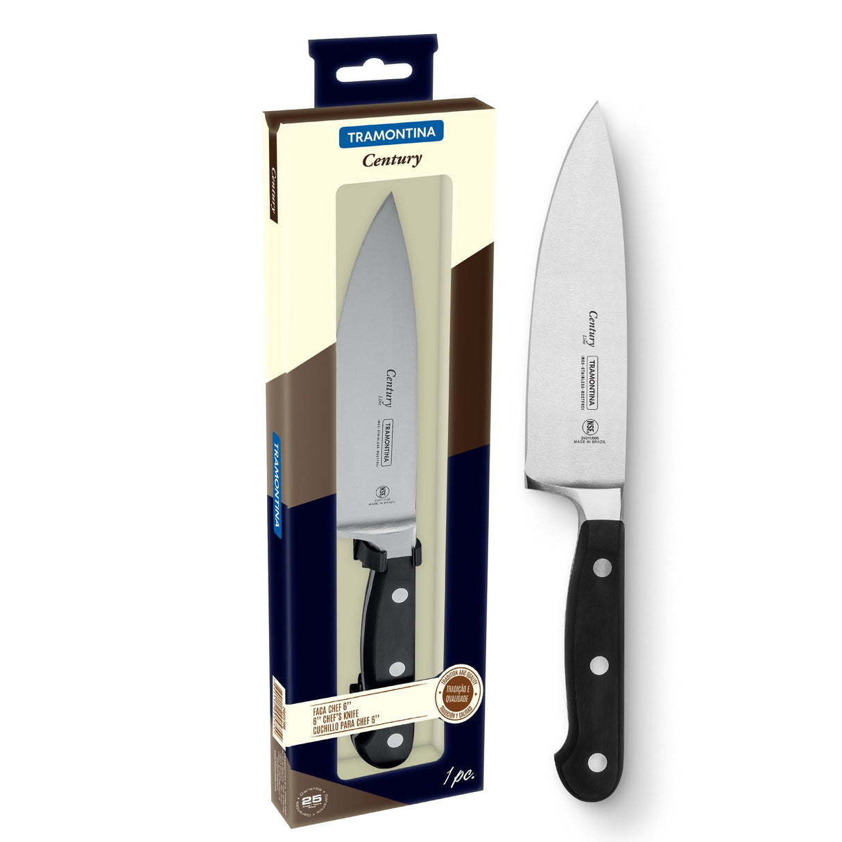Black Tramontina India Century Chefs Knife, 20 cm / 8-inch, with a stainless steel blade and ergonomic handle.
