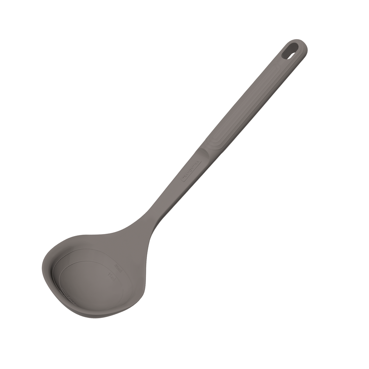 Grey Softta silicone ladle from Tramontina India with a comfortable handle, ideal for cooking and serving soups and stews.