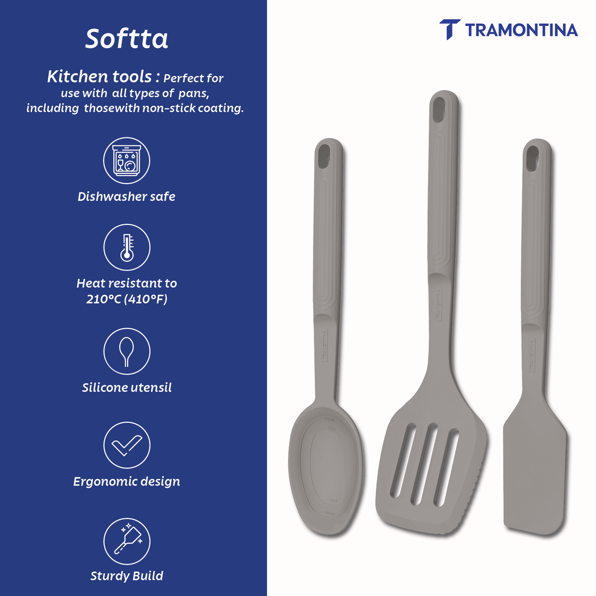 Set of three grey Tramontina India Softta silicone kitchen utensils including a slotted turner, spatula, and spoon.