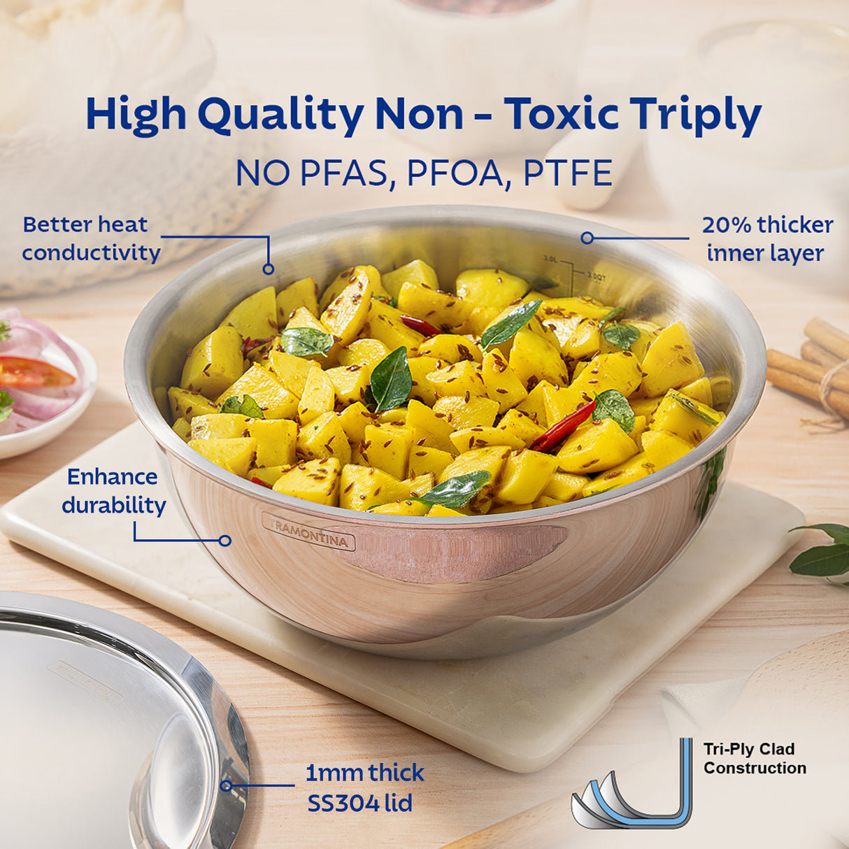 Aeion 24cm Triply Tasla with SS Lid