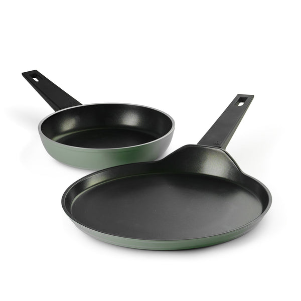 Tramontina India Aura 2-piece non-stick cookware set with ceramic reinforced coating in sea green, includes frying pan and saucepan.