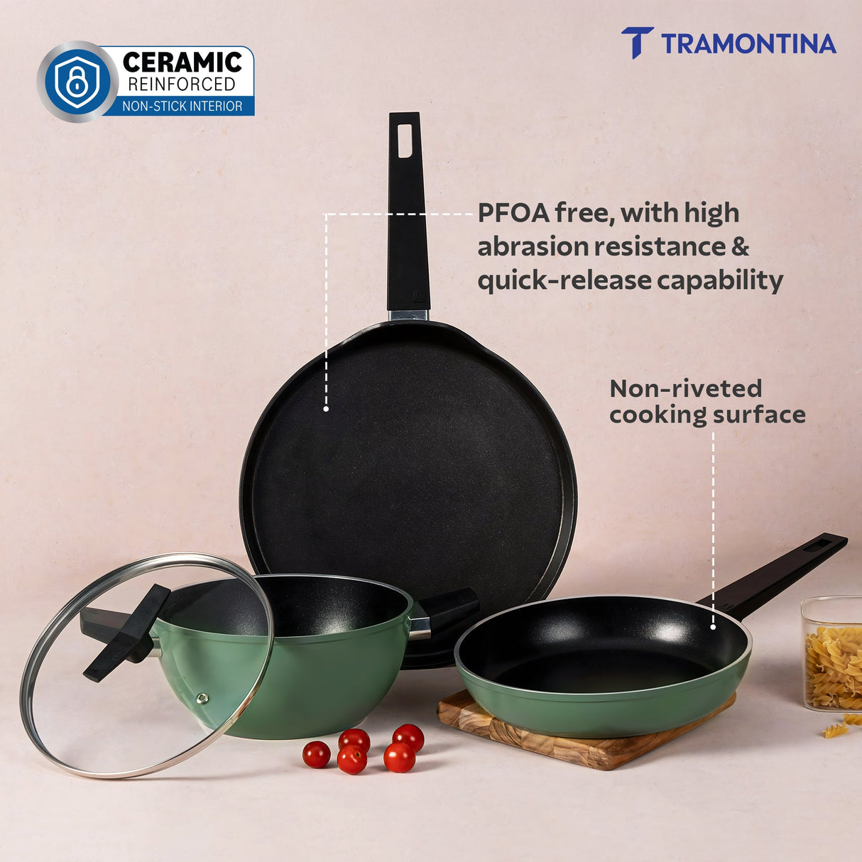Aura Ceramic Reinforced Non-Stick Cookware Set – 4 Pieces (Sea Green)