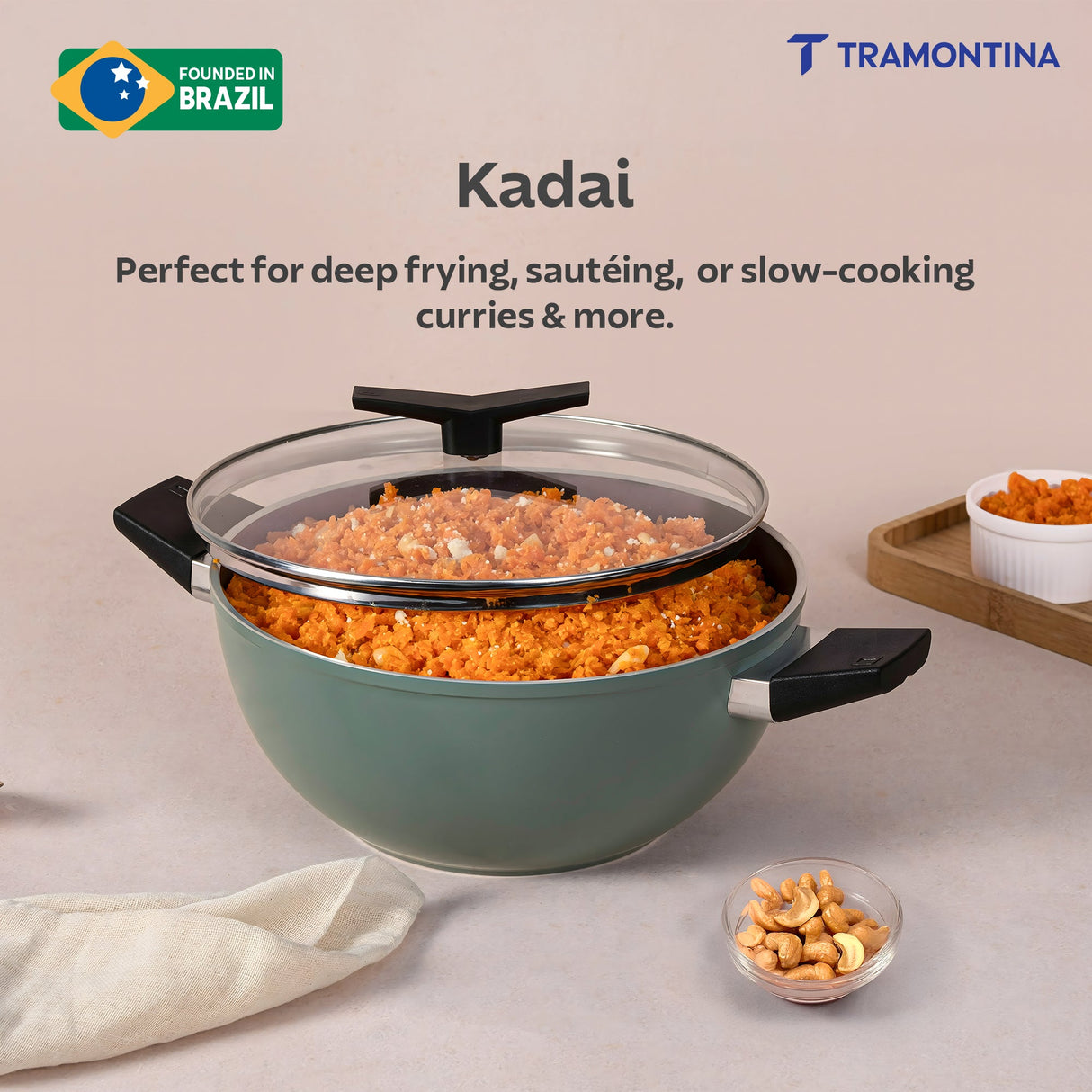 Aura Ceramic Reinforced Non-Stick Extra Deep Kadai with Lid – 24 cm/ 3.6L (Sea Green)