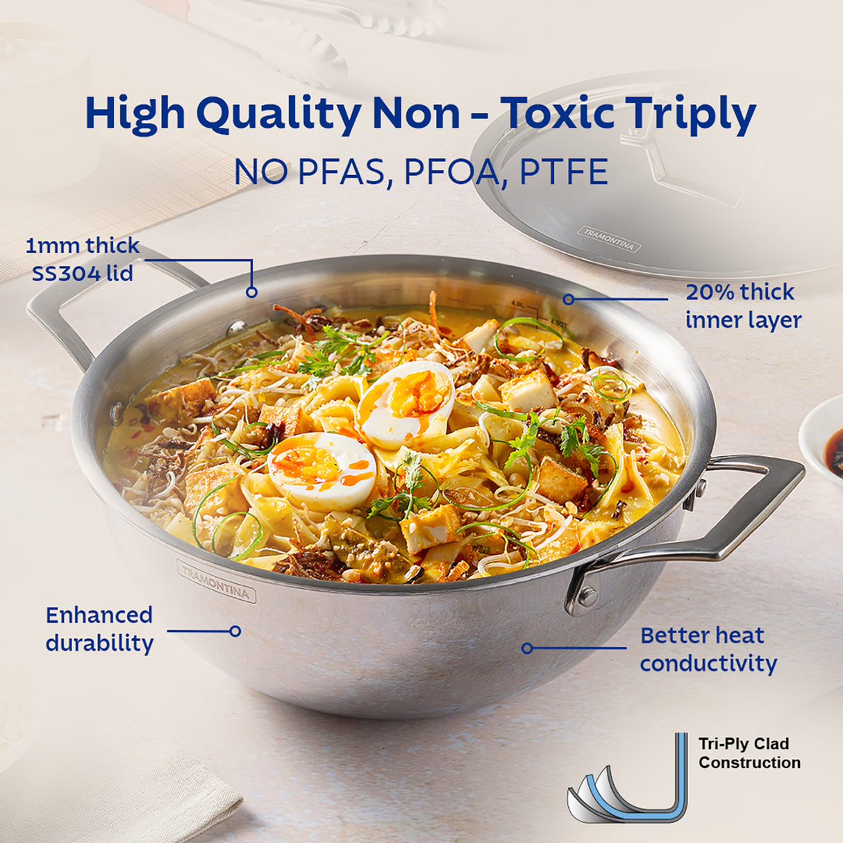 Aeion 32cm Stainless Steel Tri-Ply Extra Deep Kadai with SS Lid - 8.0L - Tramontina India