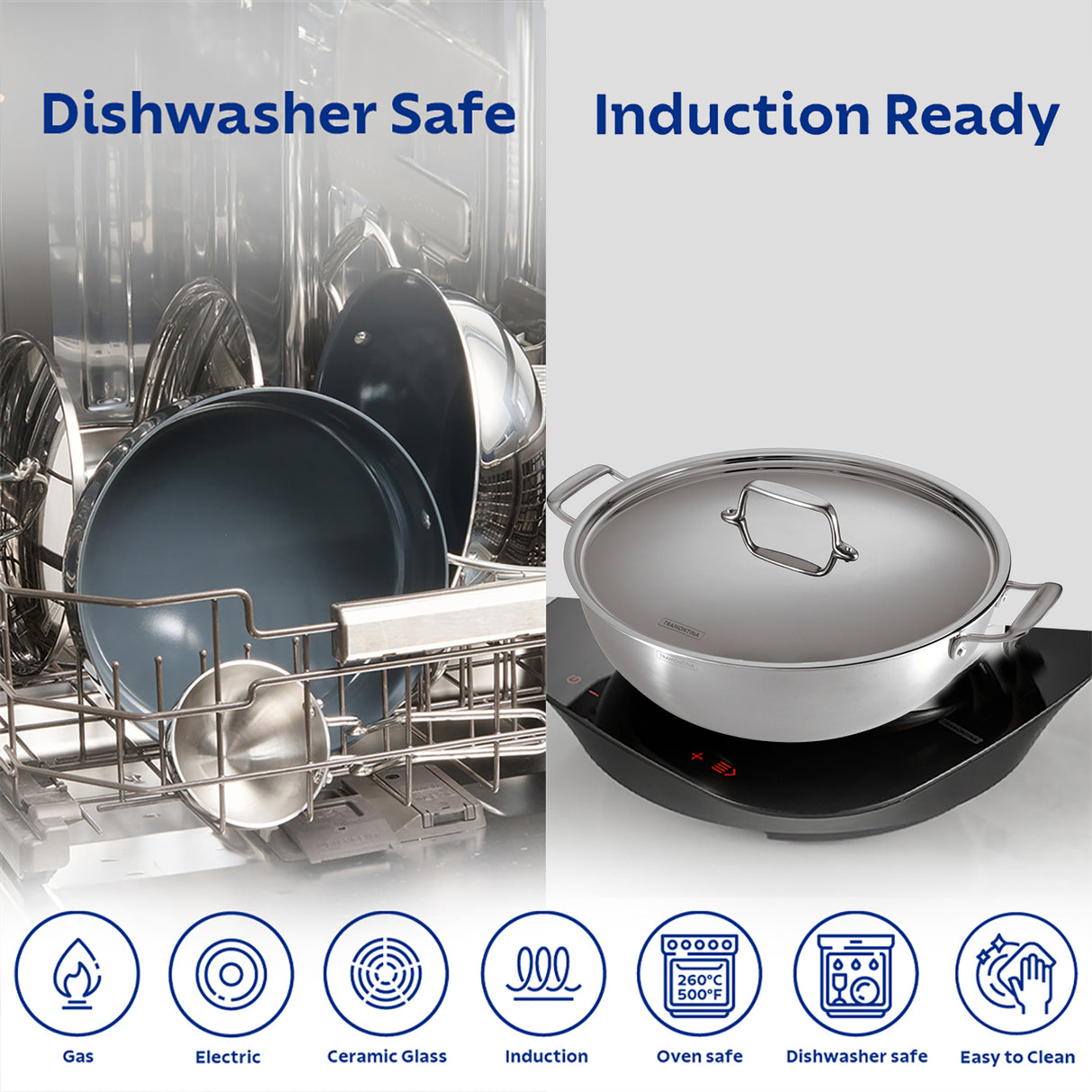 Fusao EX+ 26cm Ceramic Stainless Steel Tri-Ply Extra Deep Kadai with SS Lid - 4.7L - Tramontina India