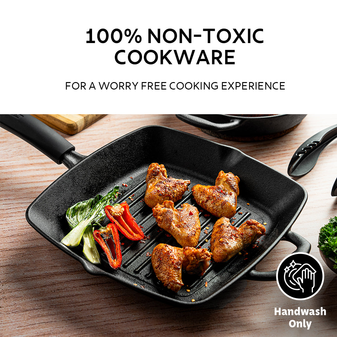 Titanex 27cm Pre-Seasoned Cast Iron Grill Pan with Heat Resistant Silicone Grip - Tramontina India