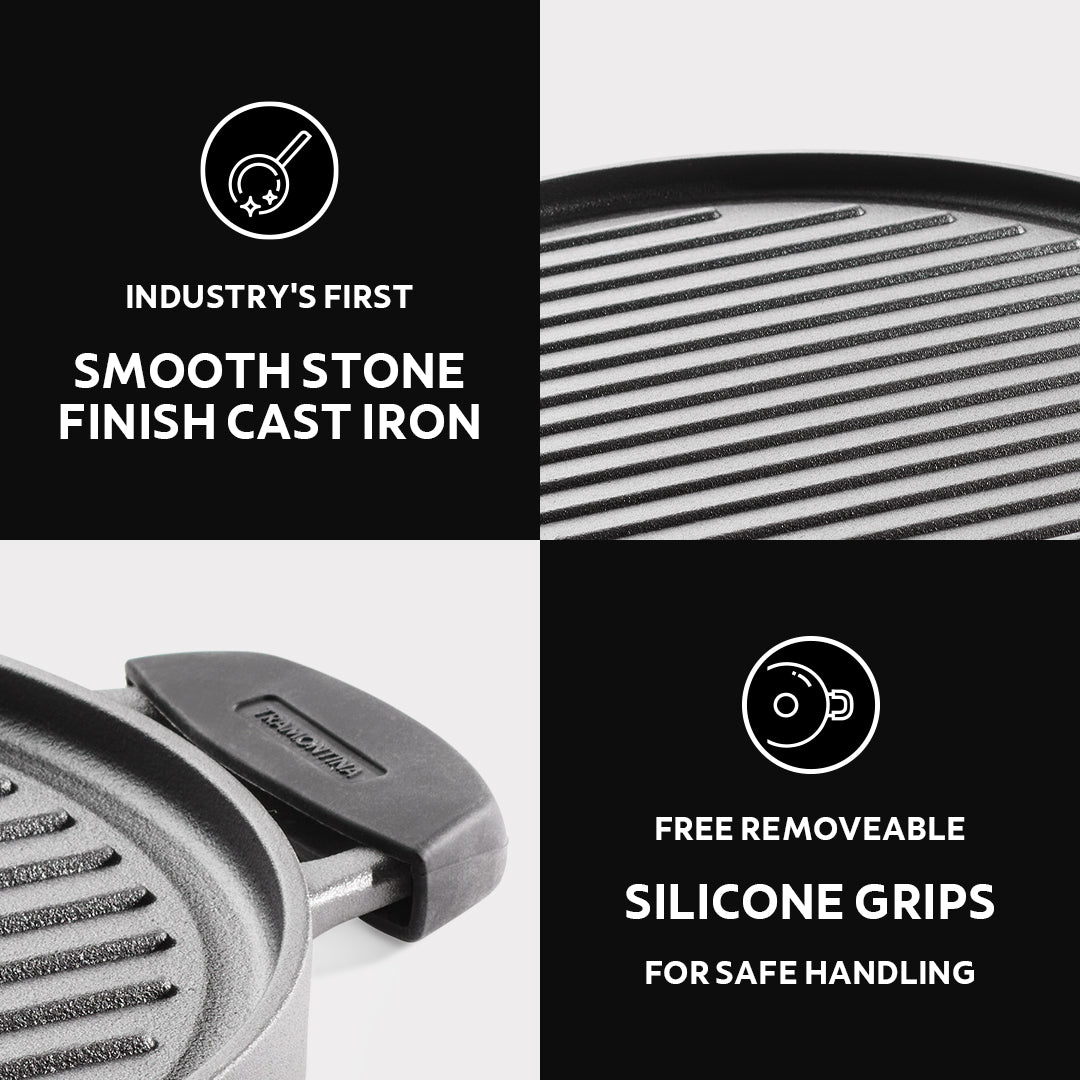 Titanex 30cm Pre-Seasoned Cast Iron Reversible Dosa Tawa/ Grill Pan with Heat Resistant Silicone Grip - Tramontina India