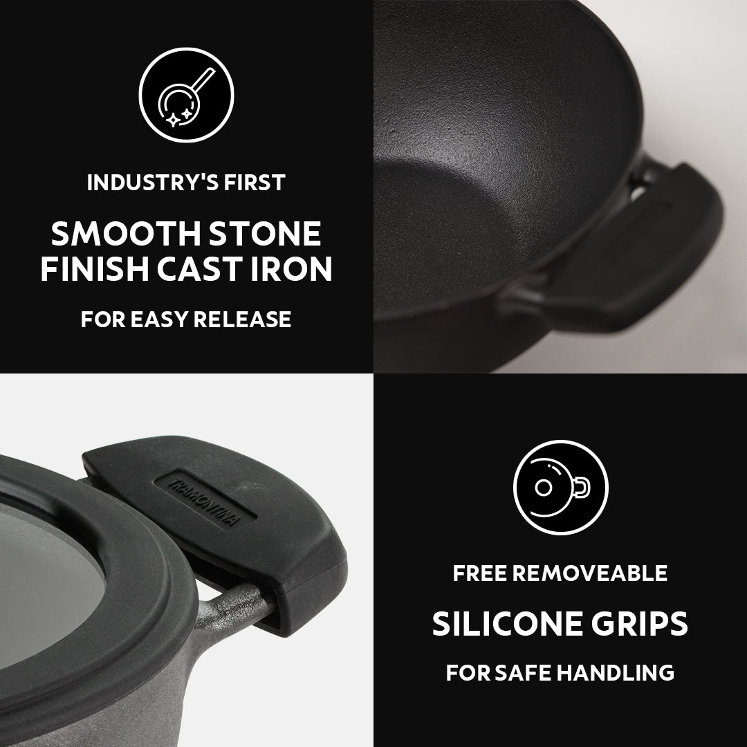 Titanex 26cm Pre-Seasoned Cast Iron Extra Deep Kadai with Heat Resistant Silicone Grip – 4.6L - Tramontina India