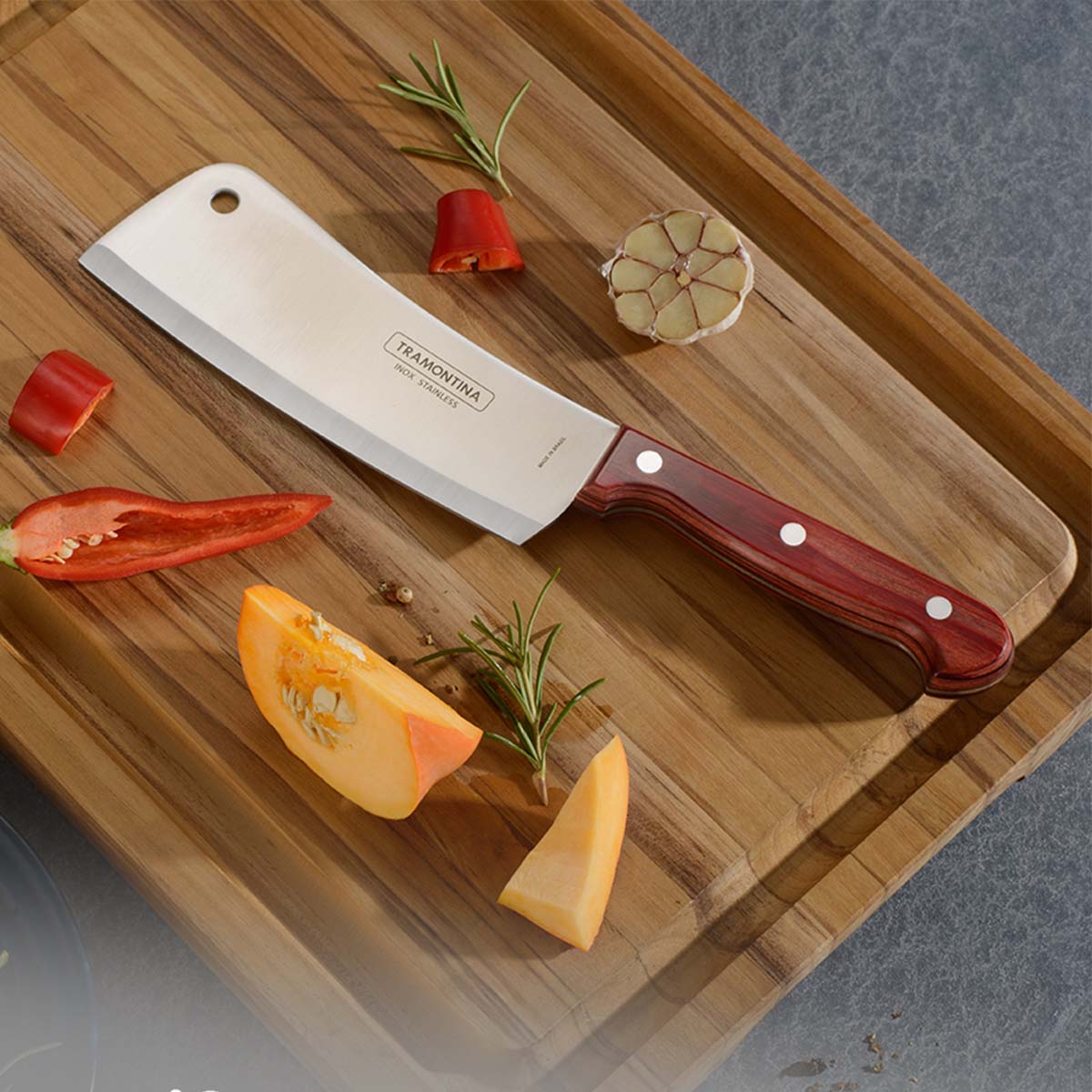 Polywood 6" Stainless Steel Cleaver knife Straight Blade - Impact & Heat Resistant Wooden Handle (Red) - Tramontina India