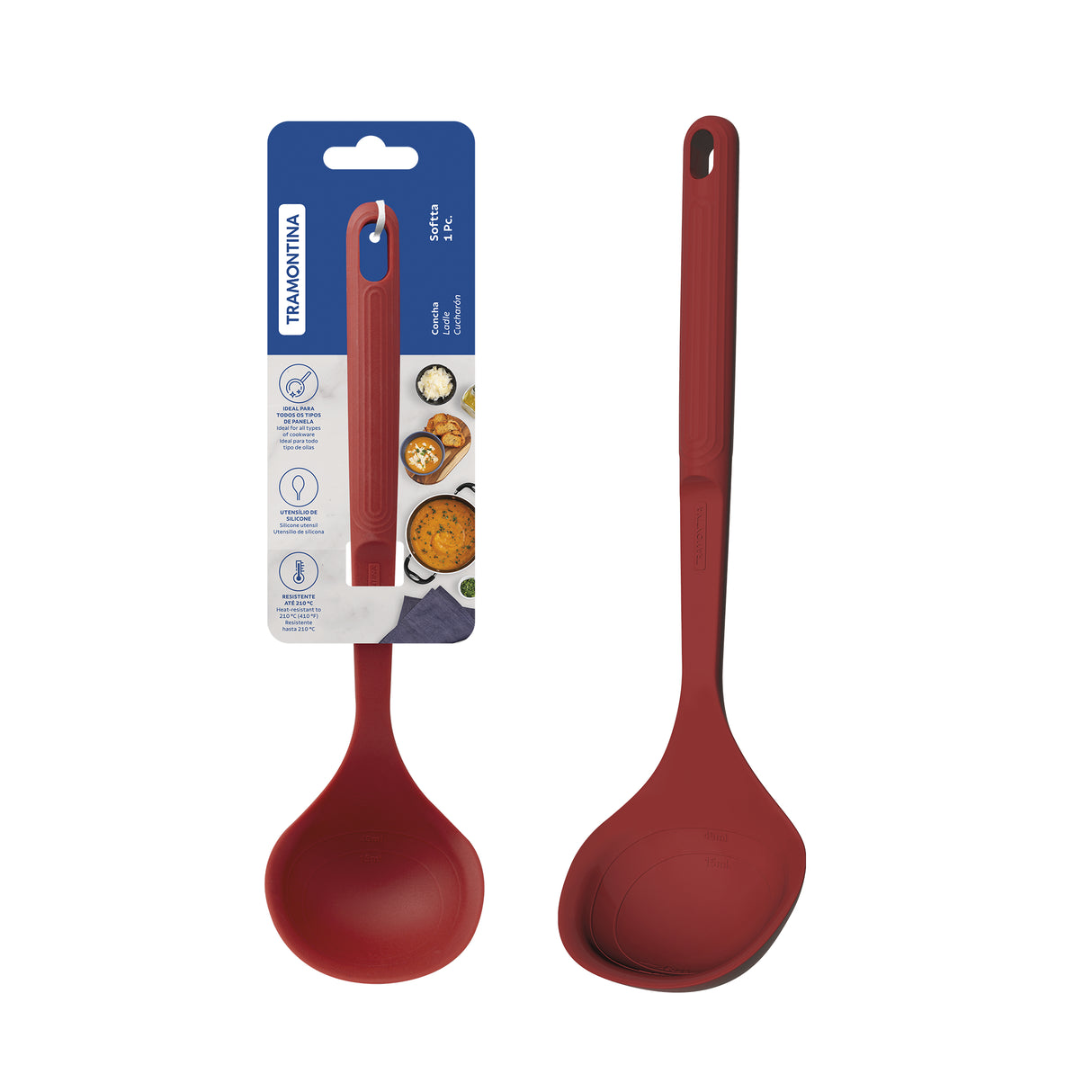 Red Softta Silicone Ladle by Tramontina India with a durable handle and heat-resistant silicone scoop for cooking and serving.