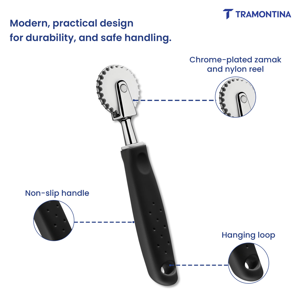 Utilitá Cut-and-Close Reel in Chrome-Plated Zamak and Nylon with Black Polypropylene Handle - Tramontina India