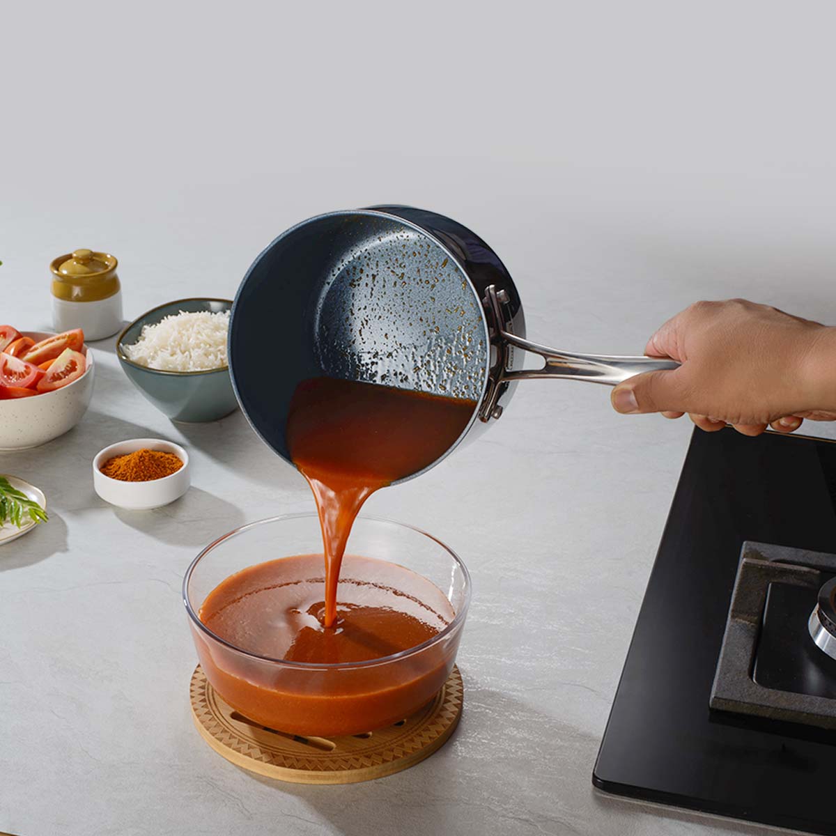 Fusao EX+ 16cm Ceramic Stainless Steel Tri-Ply Sauce Pan with SS Lid - 2.1L - Tramontina India