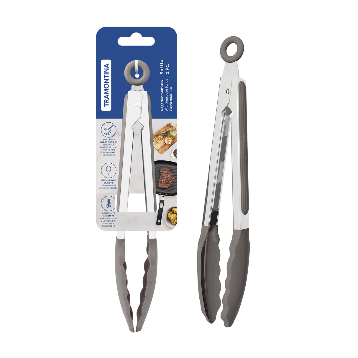 Grey Softta silicone small tong by Tramontina India, heat-resistant kitchen utensil for precise handling of food.