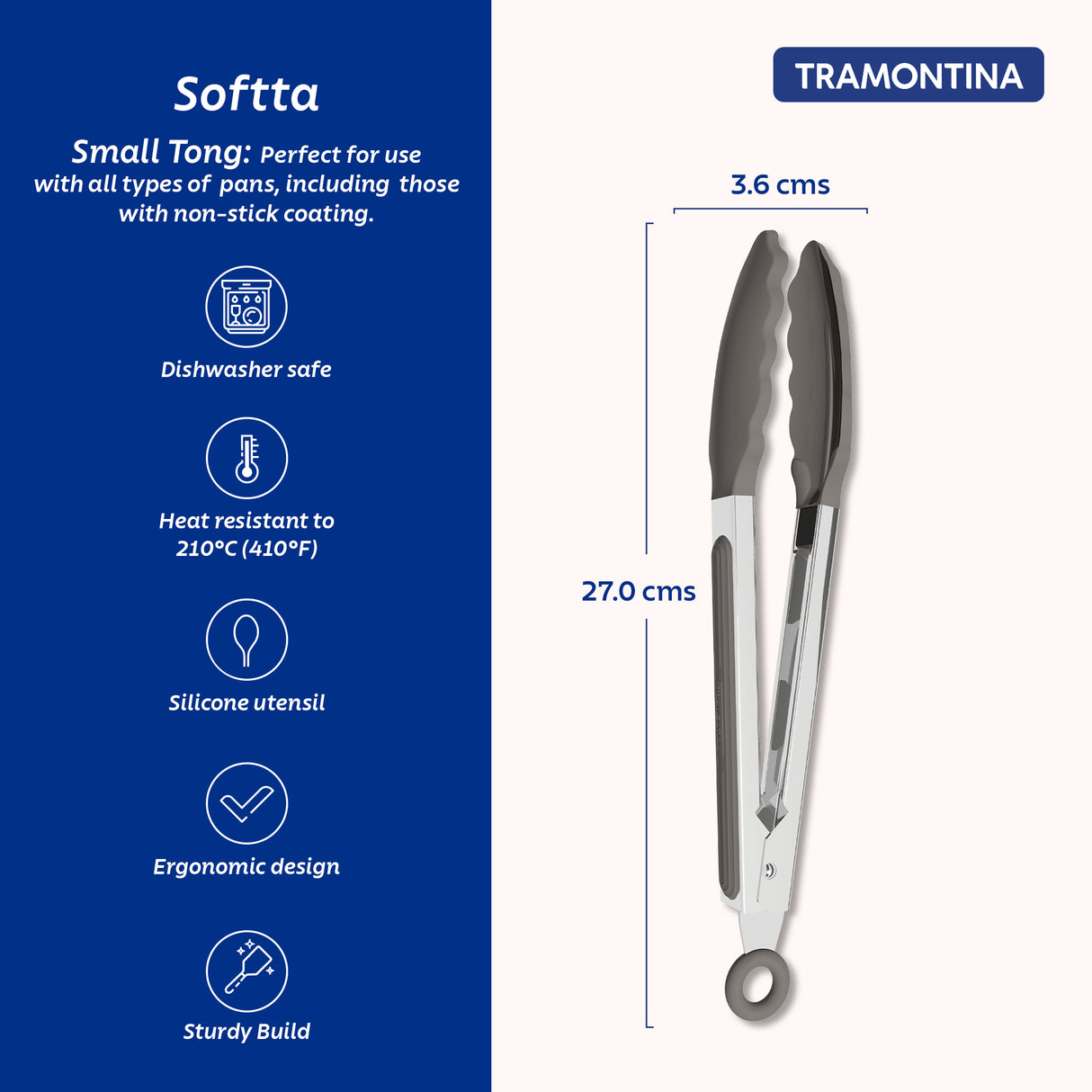 Softta Silicone Small Tong - Grey - Tramontina India