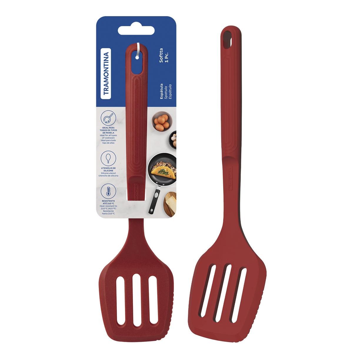 Red Softta Silicone Slotted Turner by Tramontina India, heat-resistant kitchen utensil with slotted head for flipping and serving food.