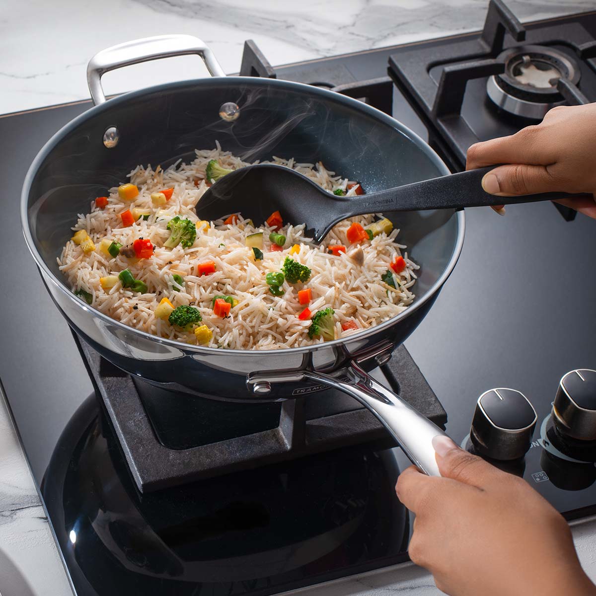 Fusao EX+ 26cm Triply Ceramic Wok with SS Lid - Tramontina India