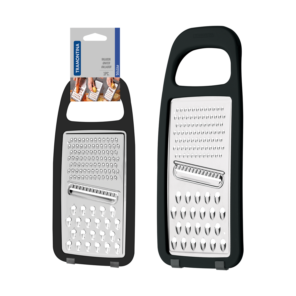 Stainless steel Tramontina India grater with black polypropylene handle and non-slip rubber base, ideal for kitchen use.
