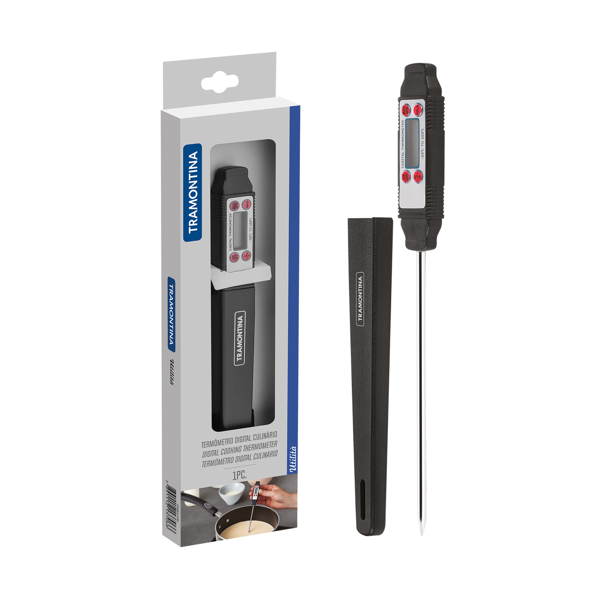 Digital food thermometer from Tramontina India, showing a close-up of the digital display and stainless steel probe.