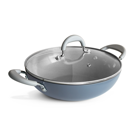 Blue Tramontina Stella Kadai with lid, 26 cm diameter, stainless steel cookware for grilling and sautéing.