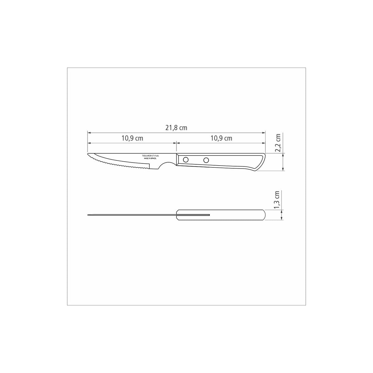 Set of six Tramontina India Polywood brown steak knives with wooden handles on a white background.