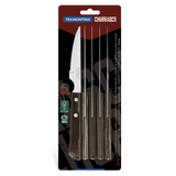 Set of six Tramontina India Polywood steak knives with brown handles, featuring sharp blades for precise slicing.