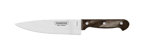 Tramontina Polywood 17cm chef knife with brown handle and stainless steel blade for precise kitchen slicing.