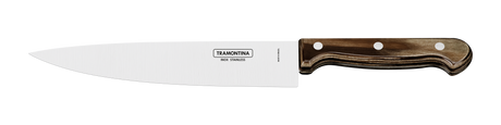 Tramontina Polywood 8-inch brown chef knife with a wooden handle and stainless steel blade for precise kitchen slicing.