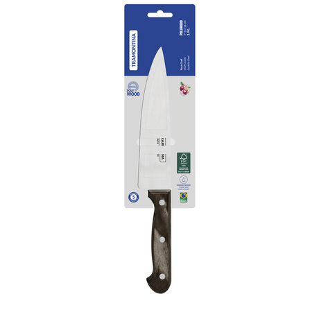 Tramontina India Polywood 17cm chef knife with brown handle and stainless steel blade for precise kitchen slicing.