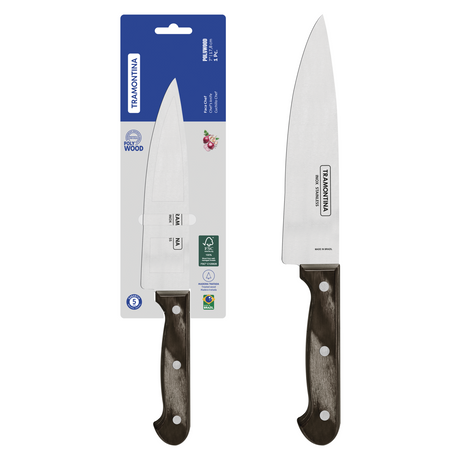 Brown Tramontina India Polywood chef knife, 17 cm (7-inch) with a wooden handle and sharp blade, suitable for kitchen prep.