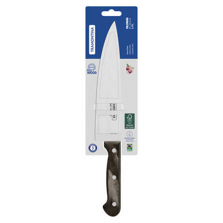 Tramontina India Polywood chef knife, 20 cm (8 inch), with brown wooden handle and stainless steel blade, displayed on a kitchen surface.