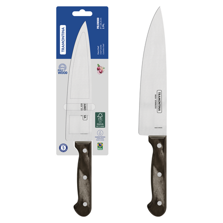Tramontina India Polywood 20cm chef knife with brown handle and stainless steel blade, suitable for precise slicing and chopping.